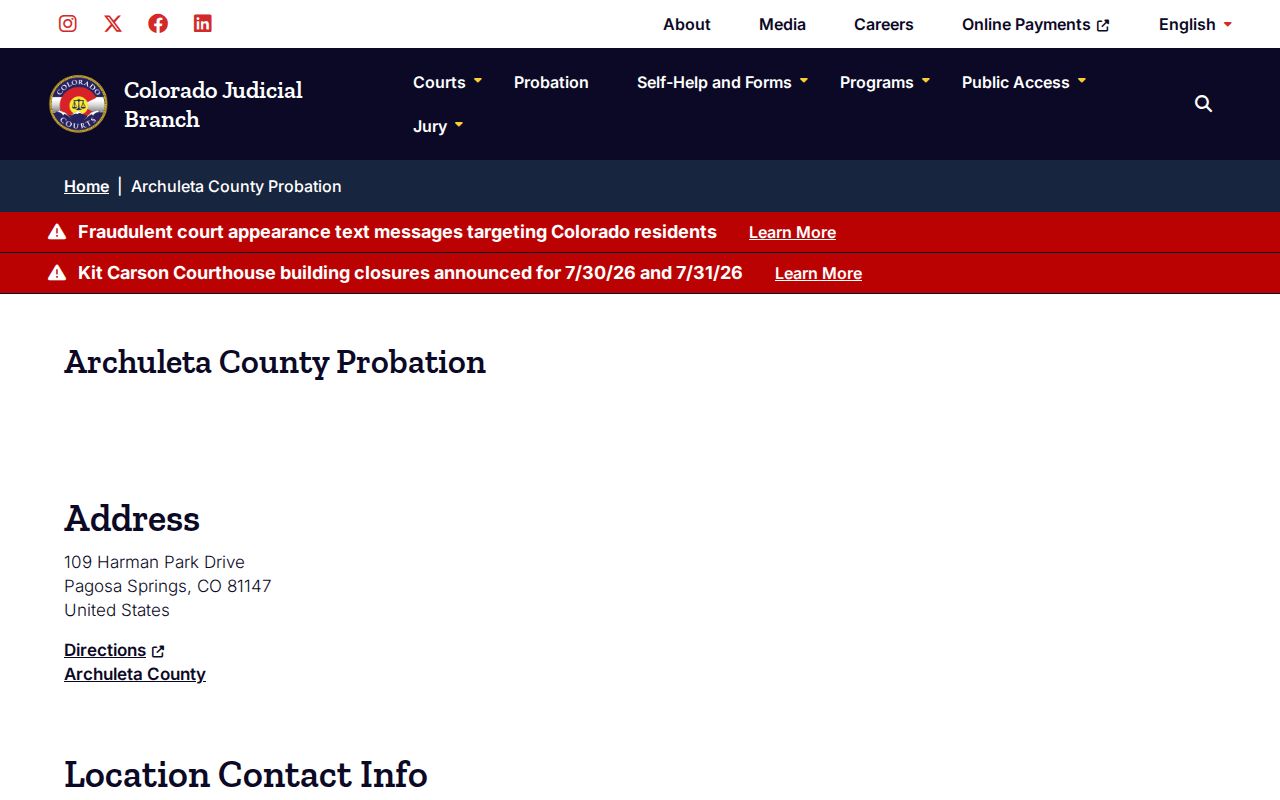 Archuleta County probation office page for post-release supervision lookup