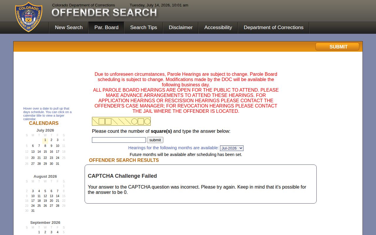 CDOC parole board calendar for Archuleta County parole hearing lookup