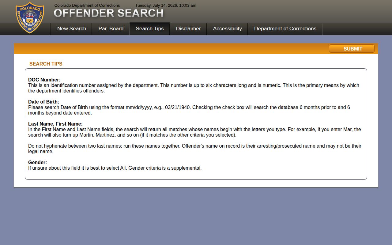 CDOC search tips for Archuleta County inmate release date lookup