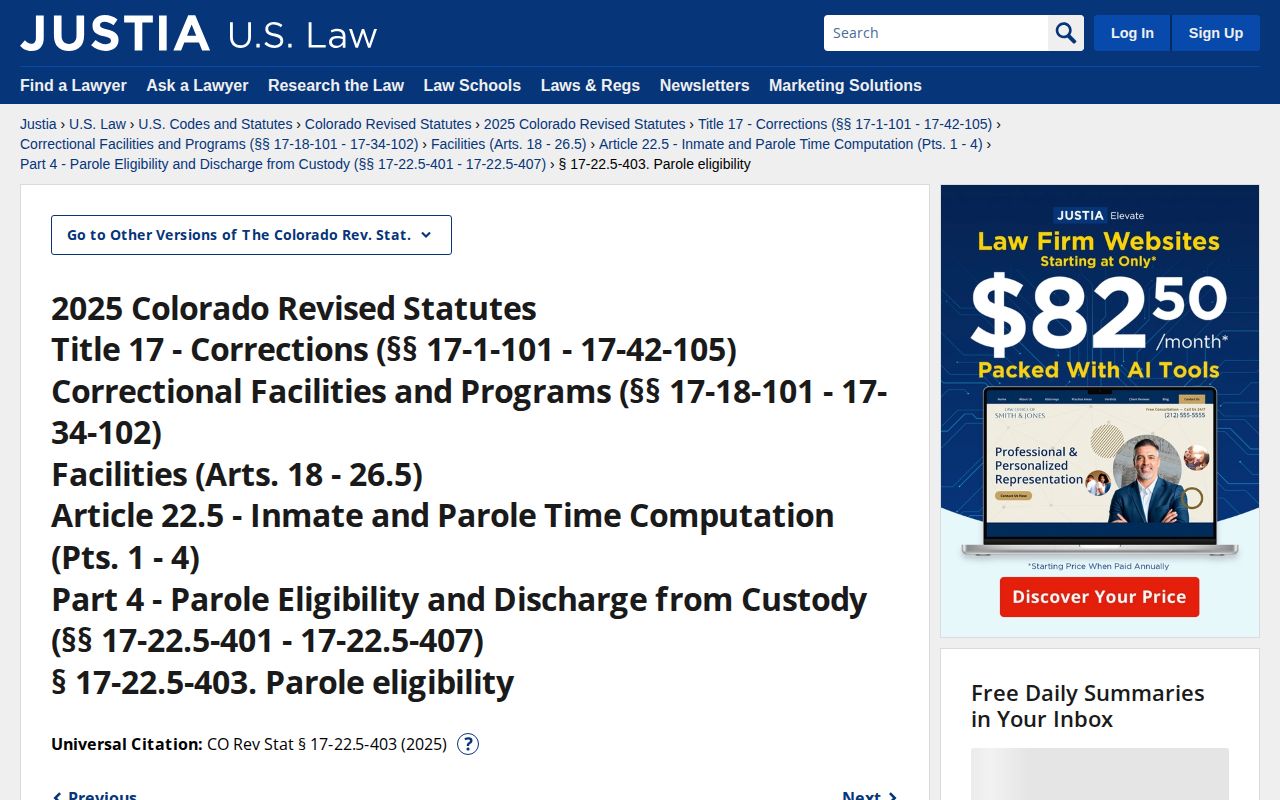Colorado parole eligibility statute for Archuleta County inmate release date calculation