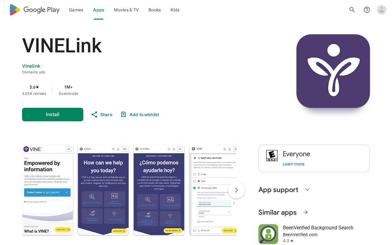 VINELink mobile app listing for Archuleta County release notification checks